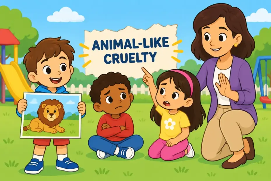 A cartoon child holds up a calm lion picture beside a torn banner, showing bestial in a sentence as animal-like cruelty.