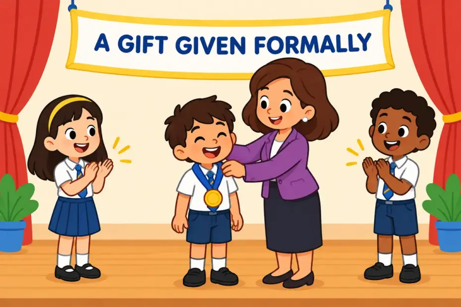 Cartoon head teacher bestows a gold medal on a smiling pupil, showing bestow in a sentence as formal giving.
