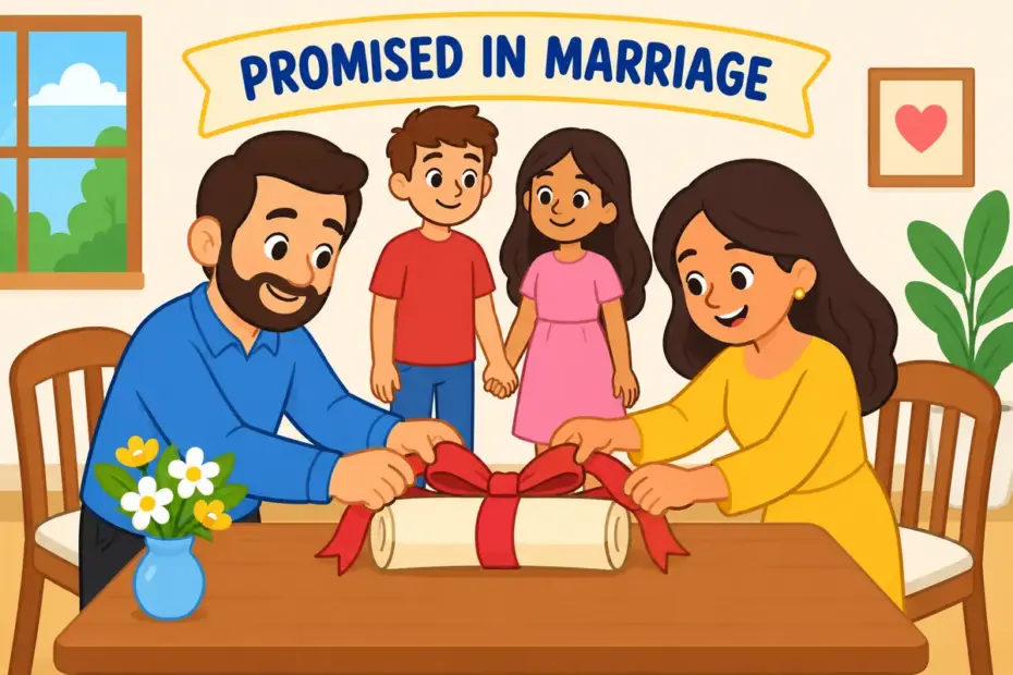 Cartoon families tie a ribbon around a scroll beside two smiling teenagers, showing betroth in a sentence as a marriage promise.