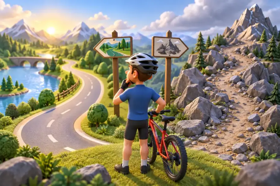 A cyclist compares a smooth path with a rocky path in a model landscape.