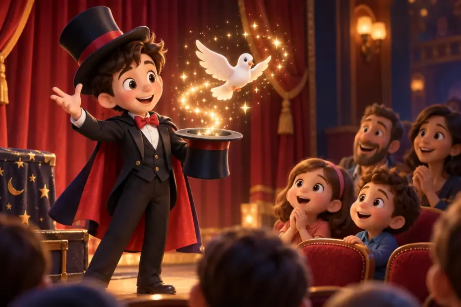 A magician performs a gentle sparkling trick for an attentive audience.