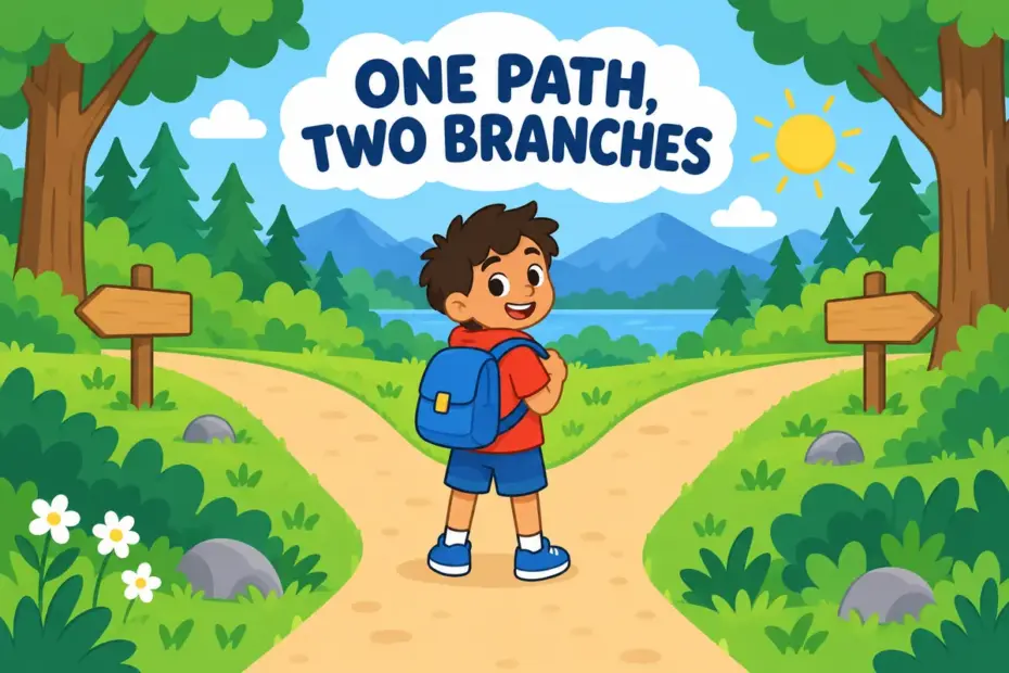 A cartoon hiker reaches a forked forest trail, illustrating bifurcate in a sentence as a split into two branches.