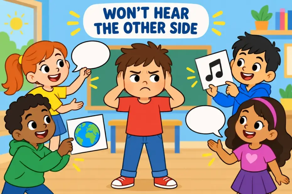 Cartoon pupil covers his ears while classmates hold signs of different views, showing bigot in a sentence as refusing to listen.