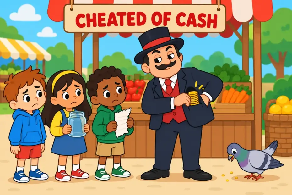 Cartoon children look dismayed as a slick seller pockets their coins, illustrating bilk in a sentence as cheating someone of money.