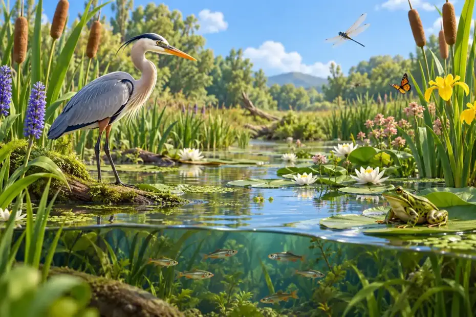A wetland habitat with varied reeds, wildflowers, insects, birds, fish, and amphibians.