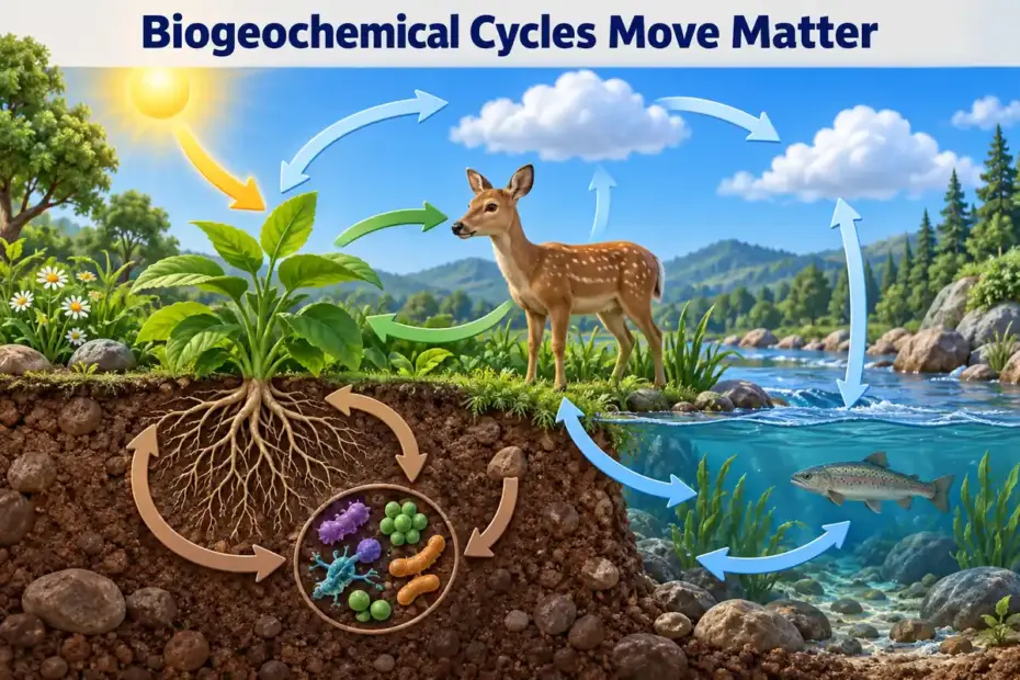 An ecosystem diagram shows arrows moving matter among air, water, soil, plants, animals, and decomposers while sunlight enters once.