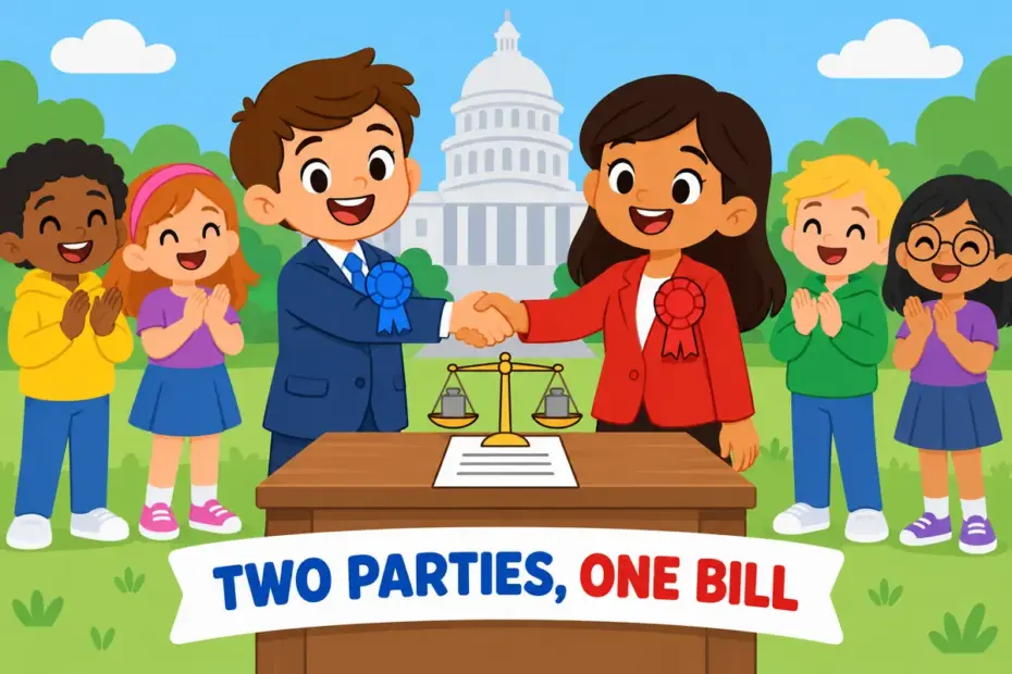 Two cartoon party leaders shake hands over one shared bill, showing bipartisan in a sentence as support from both parties.