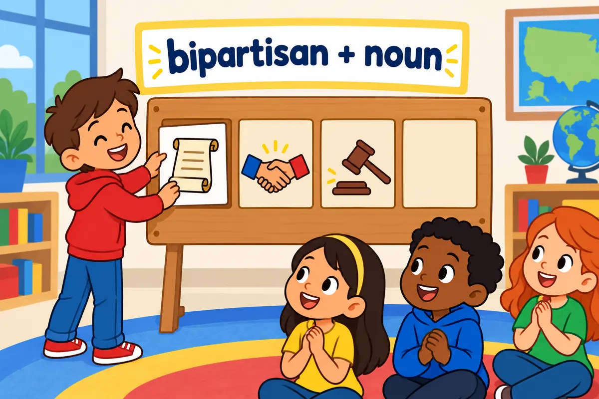 A cartoon boy slots a noun card after the adjective bipartisan on a board, showing the bipartisan plus noun pattern.