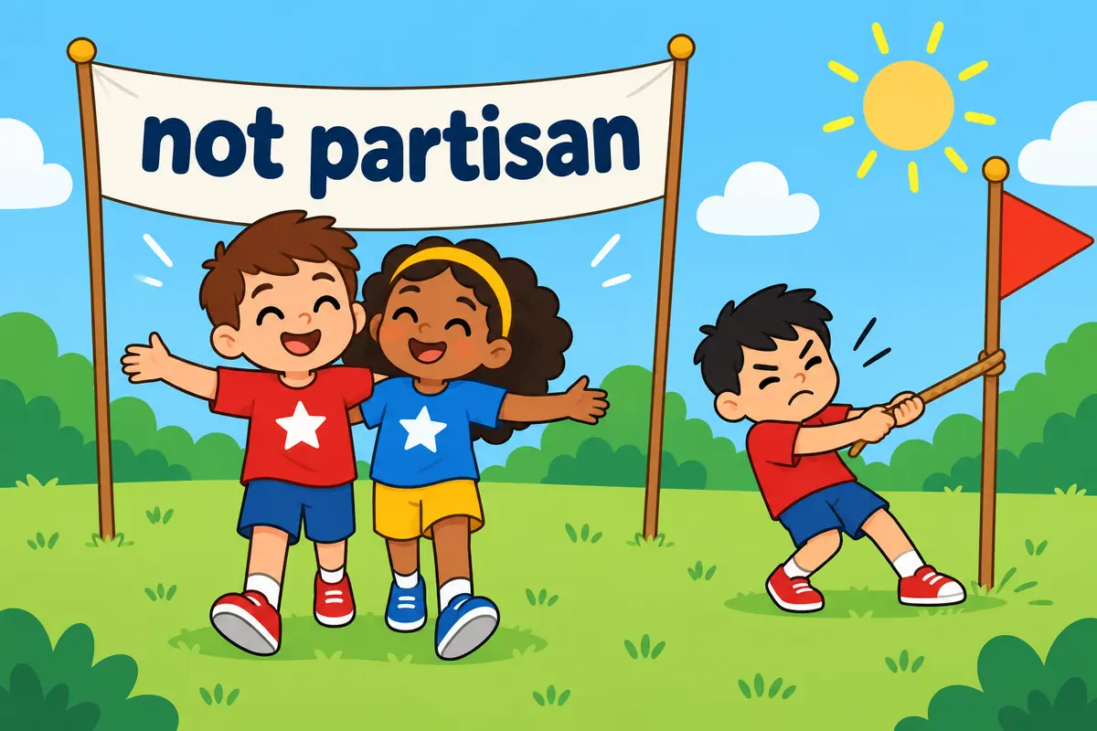 A single cartoon scene contrasts two teams cooperating with one child acting alone, showing that bipartisan is not partisan.