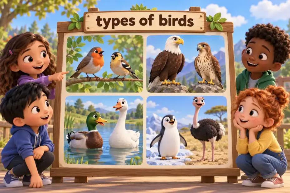 Cartoon bird names and types board shows a robin, an eagle, a duck and a penguin in four labelled groups.