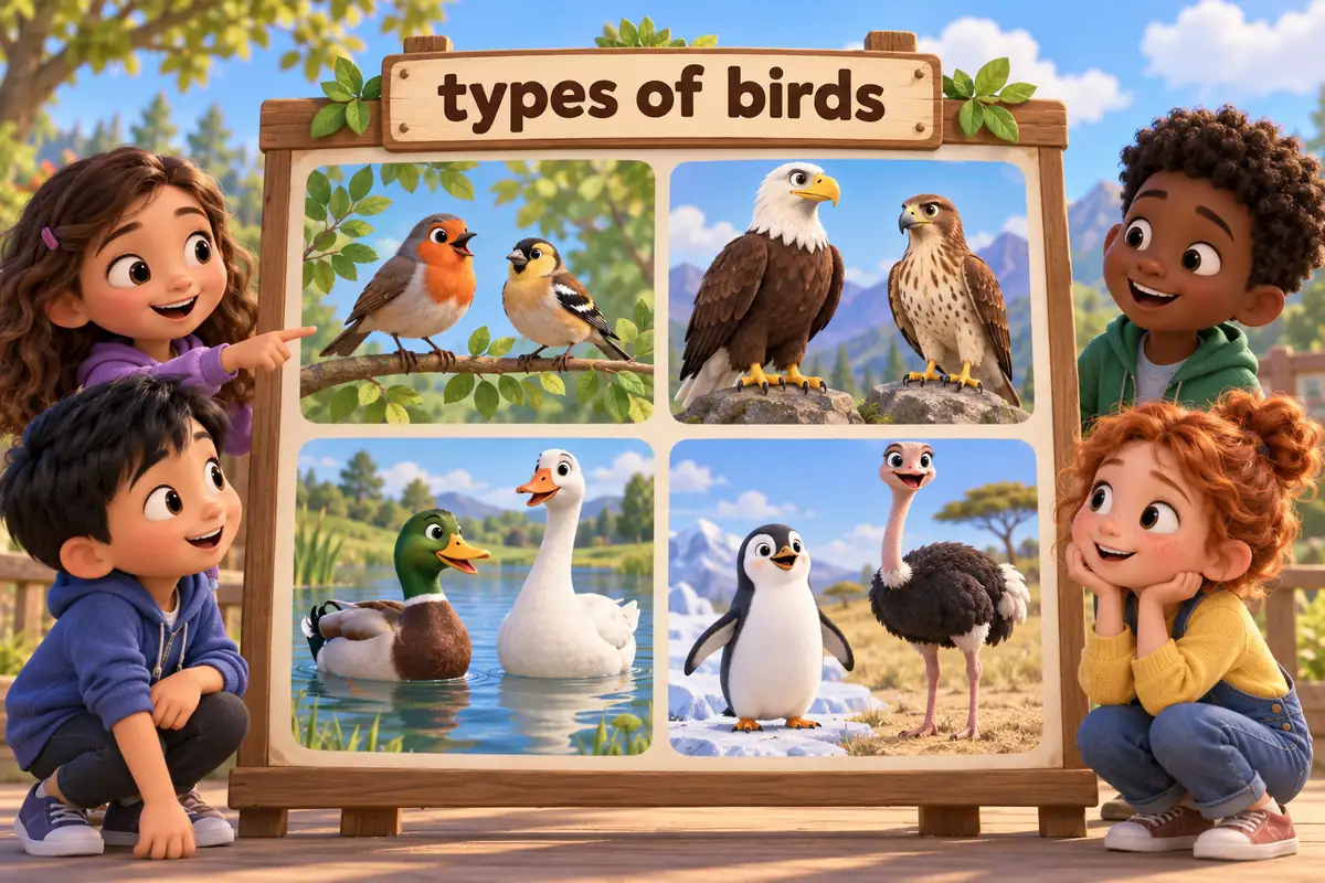 Cartoon bird names and types board shows a robin, an eagle, a duck and a penguin in four labelled groups.