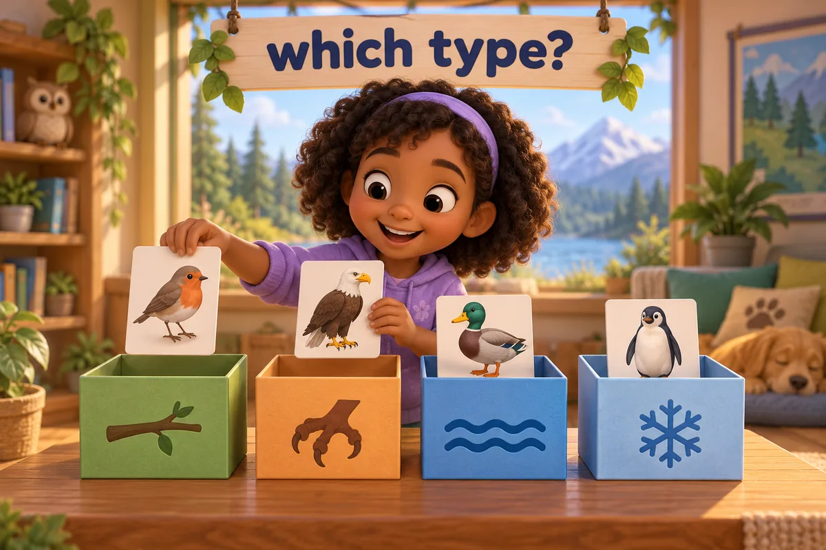 Cartoon chart sorts a robin, eagle, duck and penguin into four bird types.