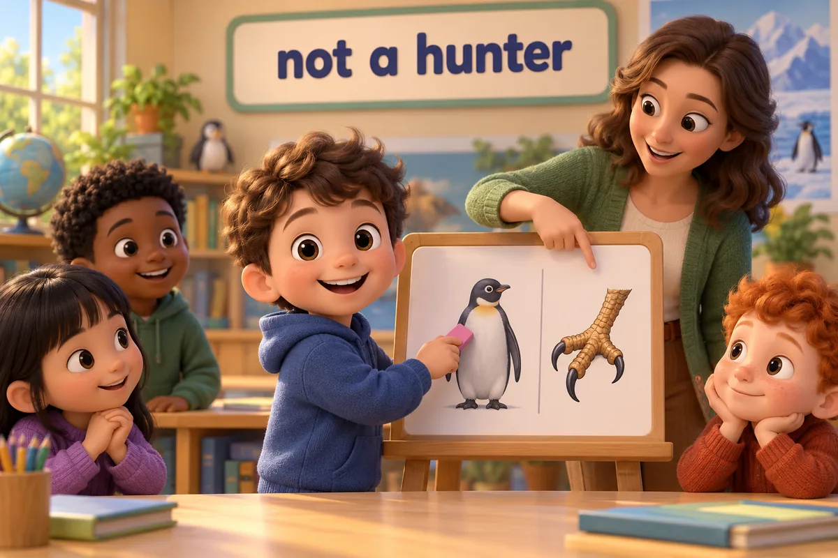 A cartoon child corrects a chart that wrongly labels a penguin as a bird of prey.