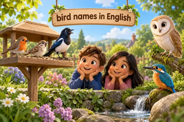 Cartoon birds names in english board shows a robin, sparrow, magpie, owl and kingfisher in a garden scene.