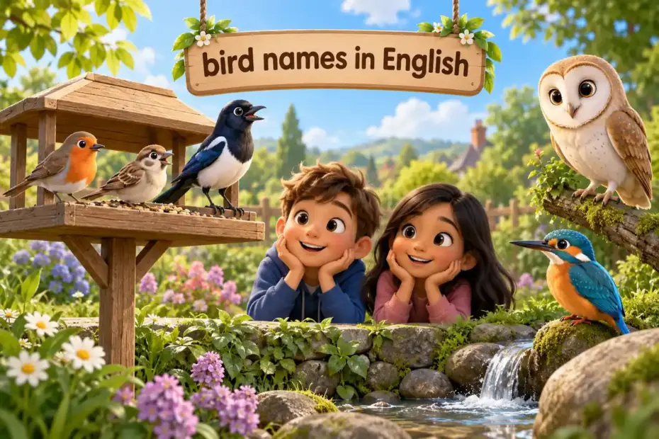Cartoon birds names in english board shows a robin, sparrow, magpie, owl and kingfisher in a garden scene.