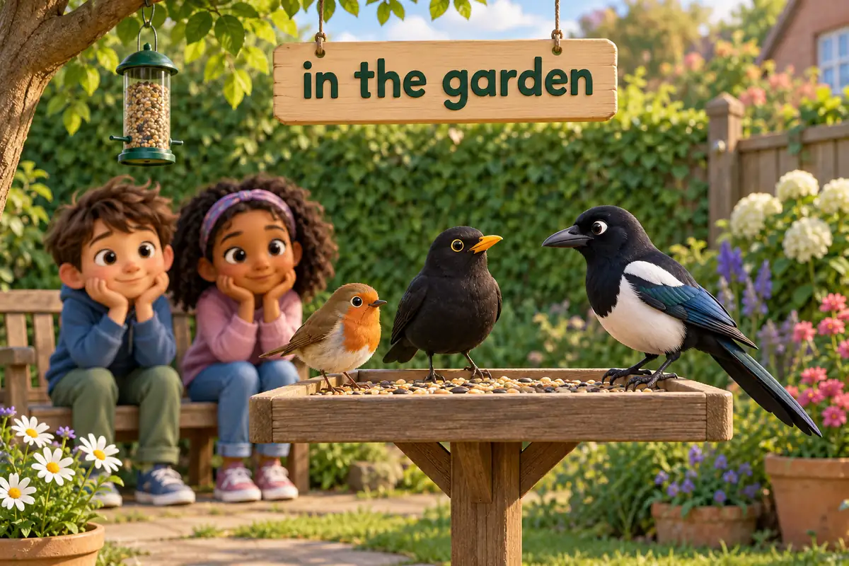 Cartoon garden shows a robin, a blackbird and a magpie at a bird table.