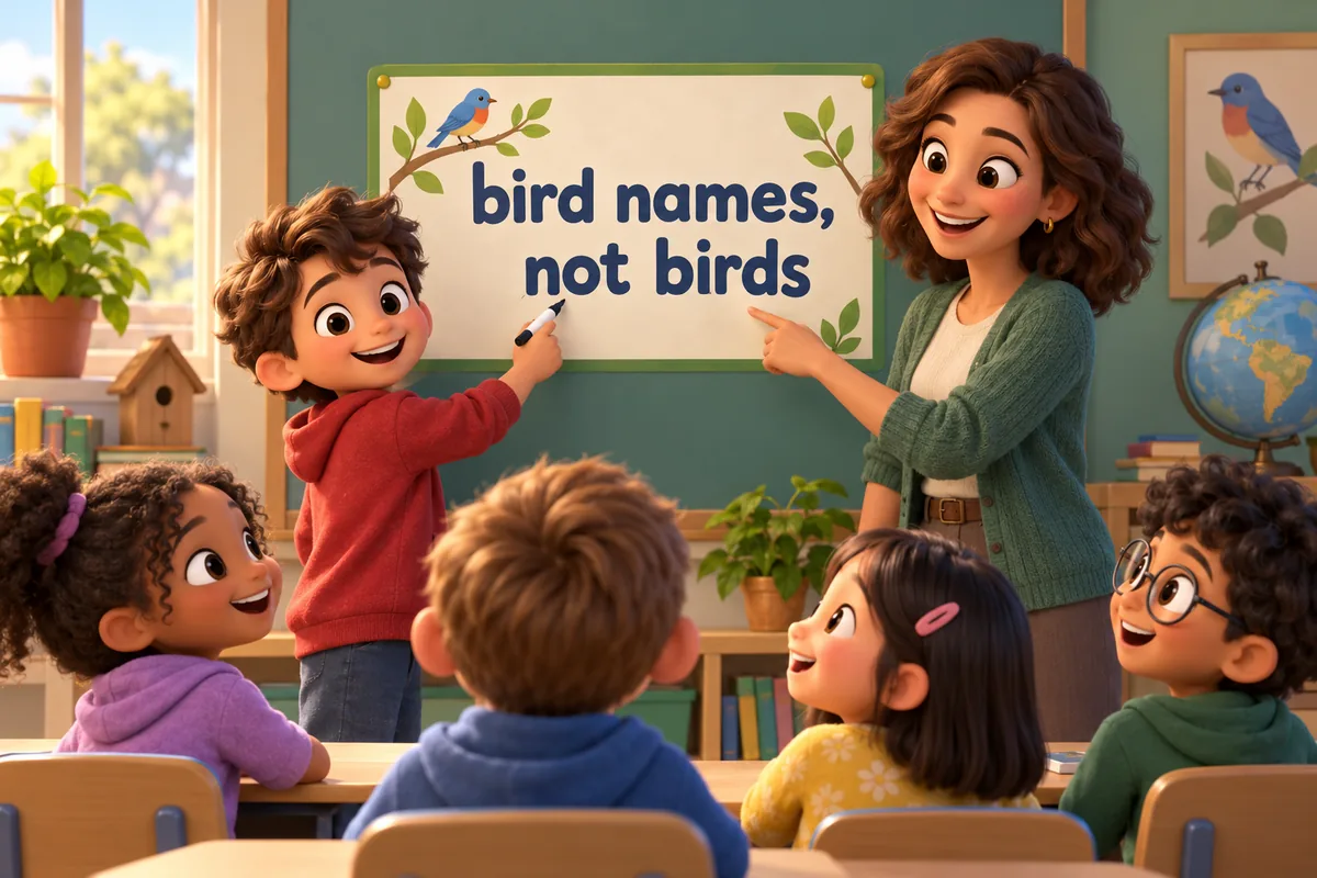 A cartoon child fixes a label reading birds names to read bird names on a display.