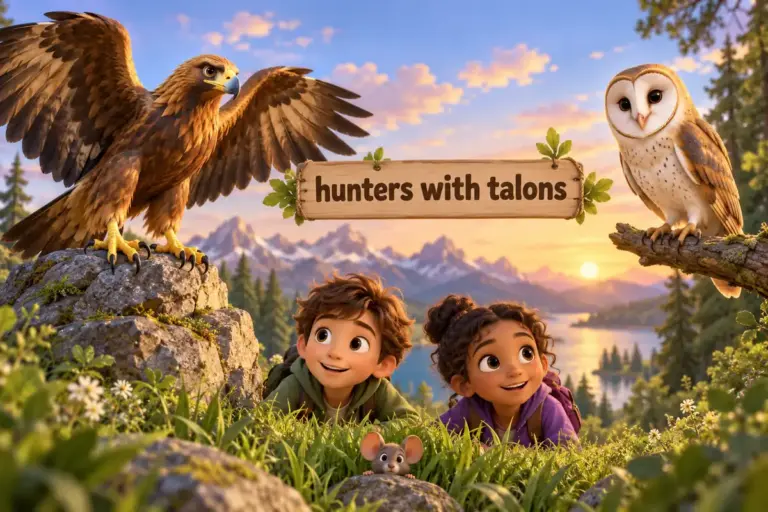 Cartoon birds of prey include an eagle with talons and a barn owl with a small mouse nearby.