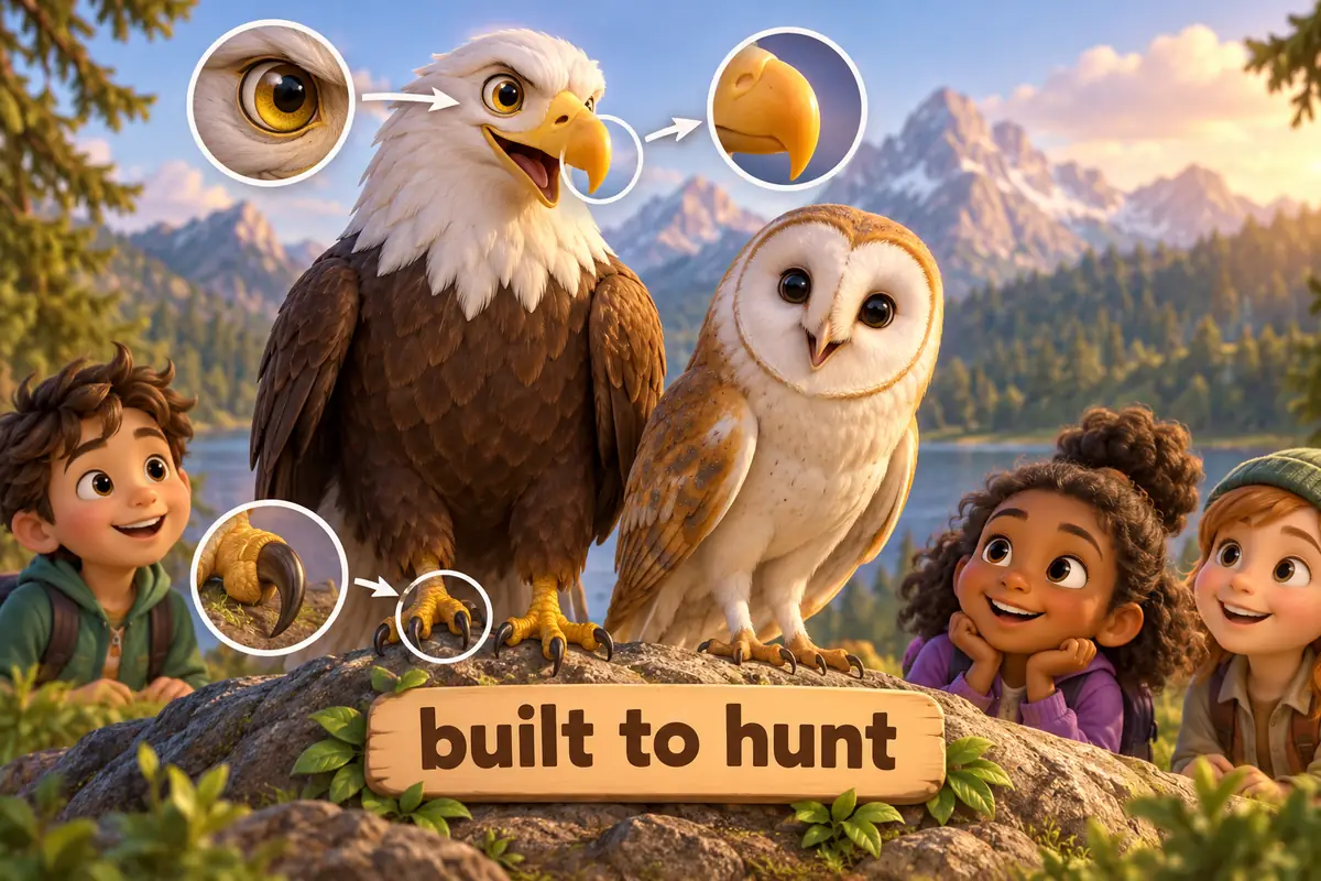 Cartoon eagle and barn owl show talons, a hooked beak and keen hunting eyes.
