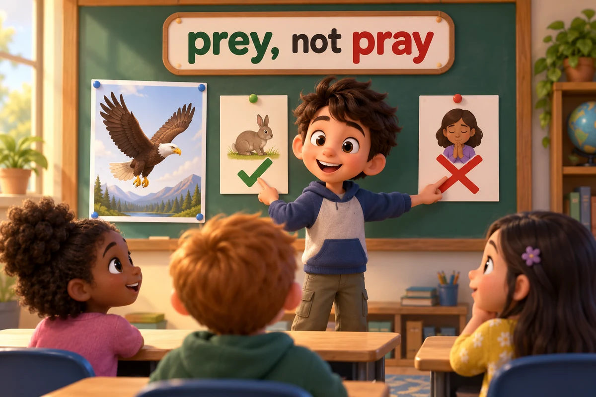 A cartoon child circles prey on a word card and crosses out pray beside an eagle picture.