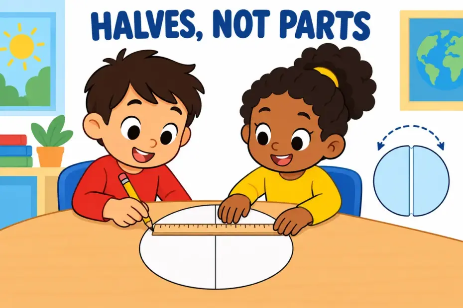 Cartoon pupils fold a paper circle and draw a line through the middle, showing bisect in a sentence as exact halves.