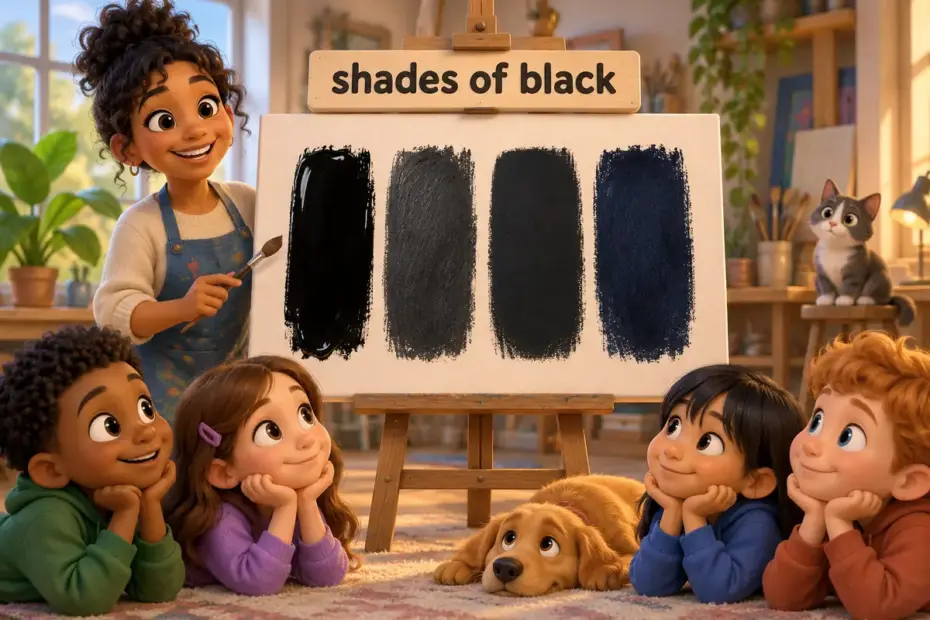 Cartoon black color names chart shows jet, charcoal, onyx and midnight swatches side by side.