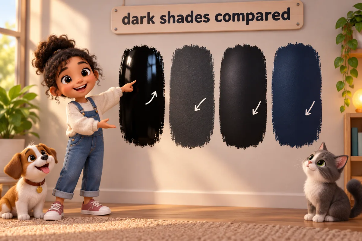 Cartoon paint swatches show jet, charcoal, onyx and midnight blacks side by side.