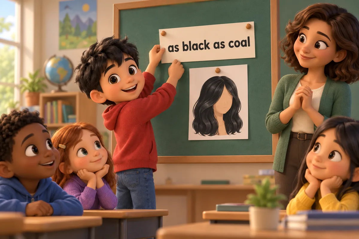 A cartoon child swaps a black like coal card for as black as coal on a display board.