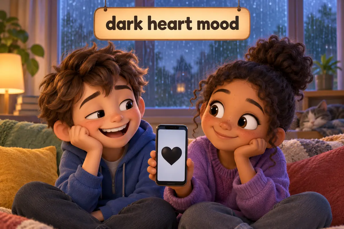 Cartoon friends tap a black heart emoji on a phone to show black heart emoji meaning in a dry, friendly chat.