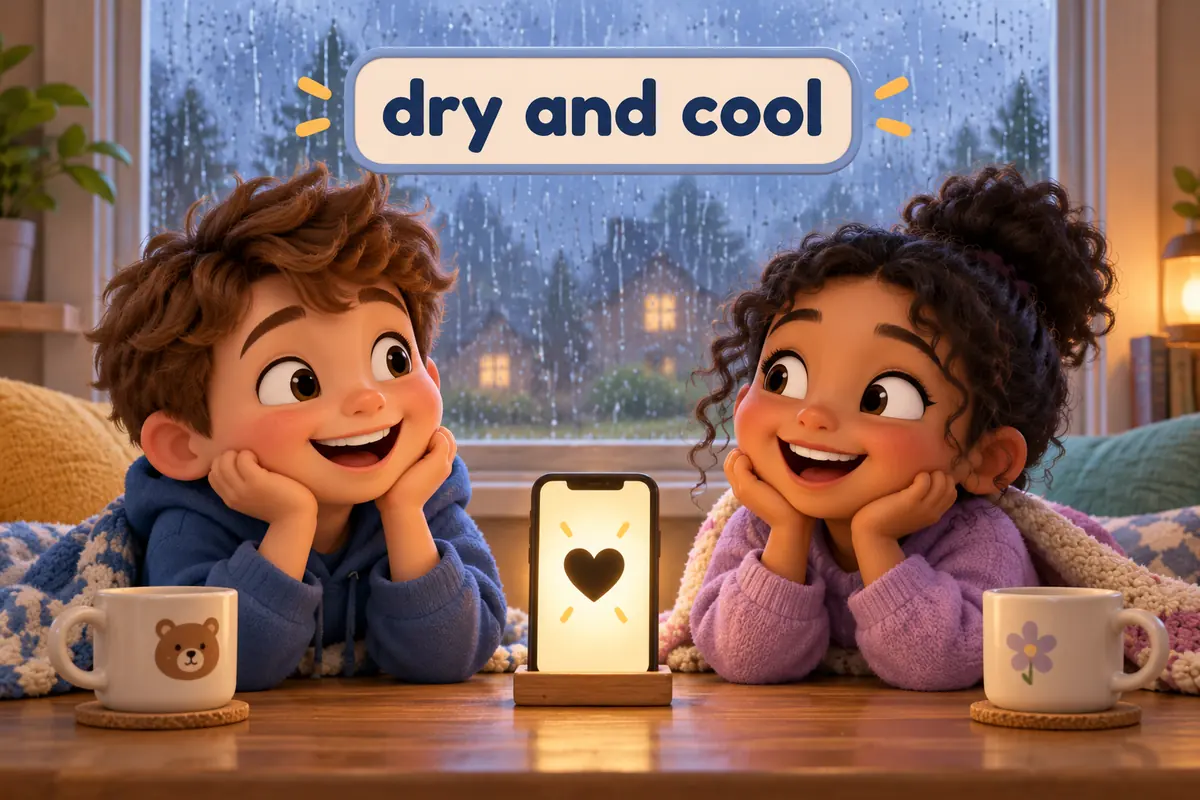 Cartoon friends send a black heart while sharing a joke about a gloomy rainy day.
