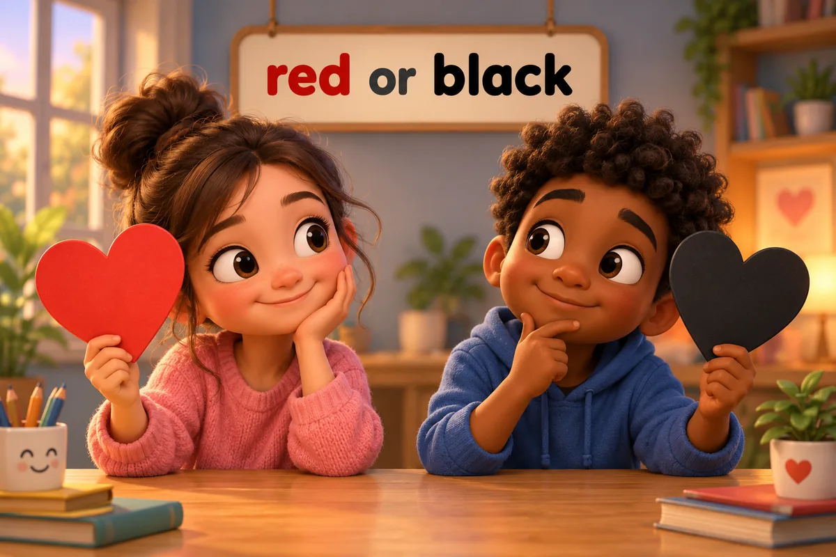 Cartoon children compare a red heart and a black heart to pick the right feeling.