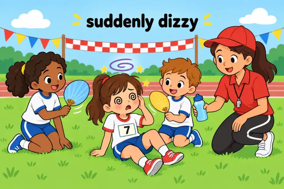 A cartoon runner sits down dizzy among friends at sports day, showing black out in a sentence as briefly losing consciousness.