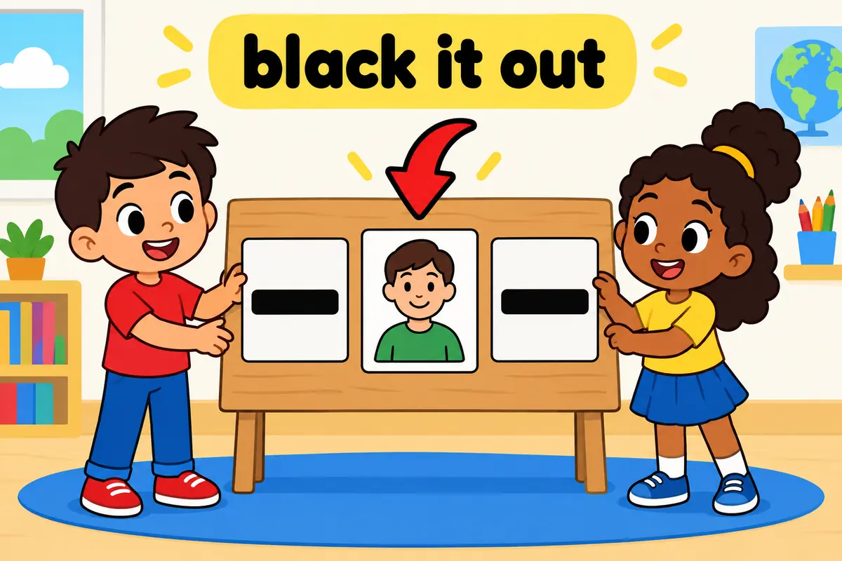 Cartoon children slide a picture card into the gap between two word cards on a board, showing black out as separable.