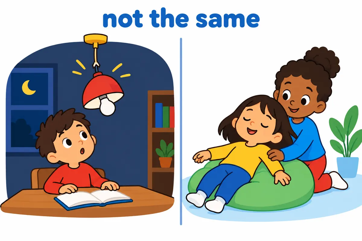 A split cartoon contrasts a room light snapping off with a child fainting gently, showing black out is not the same as faint.