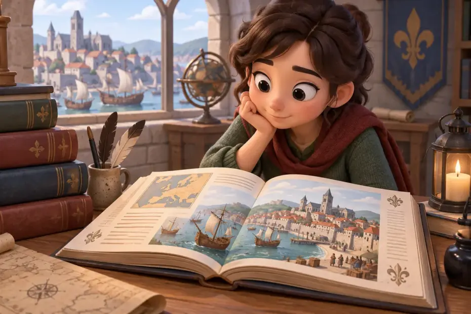 A history student studies an open book showing a non-graphic medieval European town.