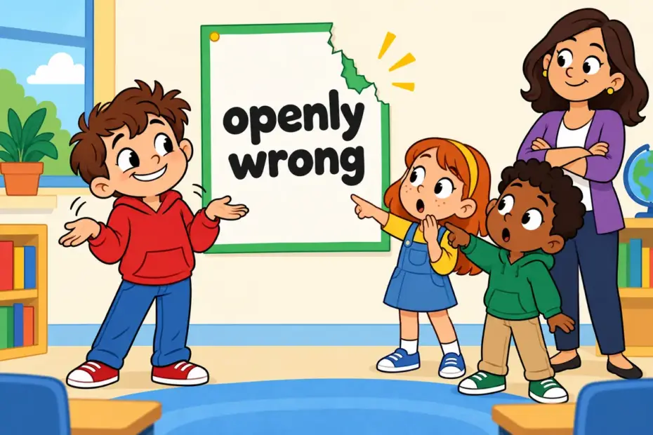 Cartoon children point at an openly broken rule on a class sign, showing blatant in a sentence as an unashamed wrong.