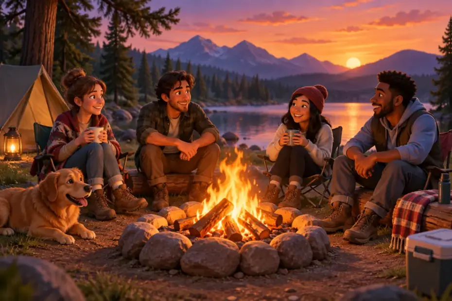 A contained campfire glows brightly in a stone fire ring at dusk.