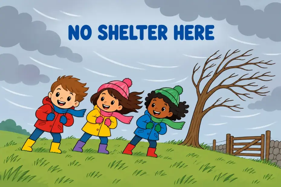 Cartoon children stand on a windblown empty hillside, showing bleak in a sentence as a bare and cheerless scene.
