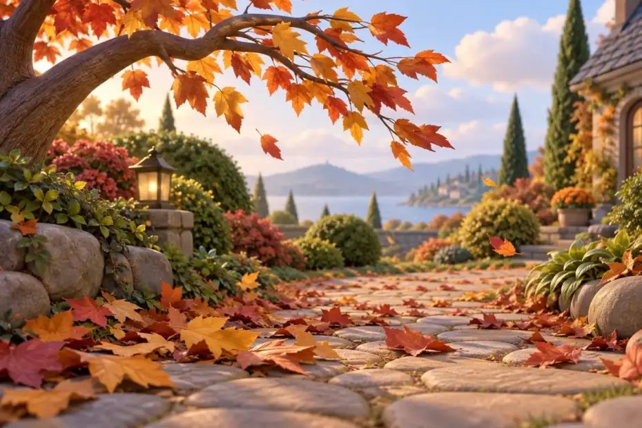 Leaves lie across a garden path beside a wind-bent branch.
