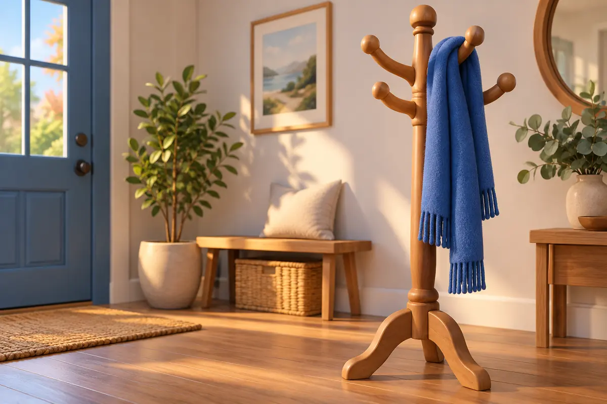 A blue scarf rests on a wooden coat stand.