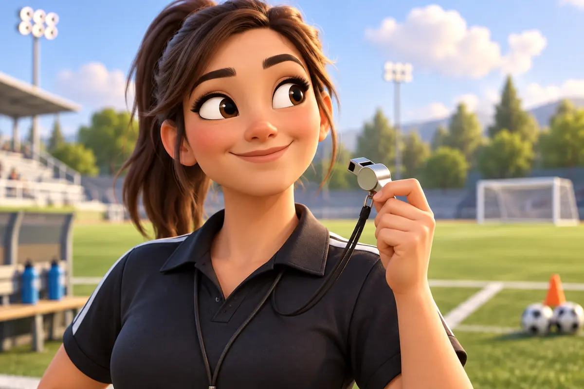 A person holds a plain whistle near a sports field.