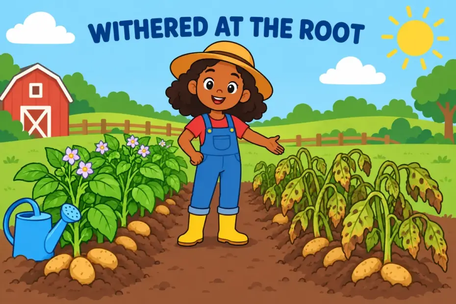 A cartoon farmer stands beside a potato field where blight has withered the leaves, showing blight in a sentence as a crop disease.