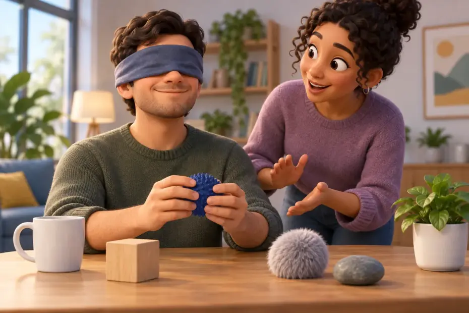 A blindfolded adult participant waits safely beside a seated guide during a simple indoor game.