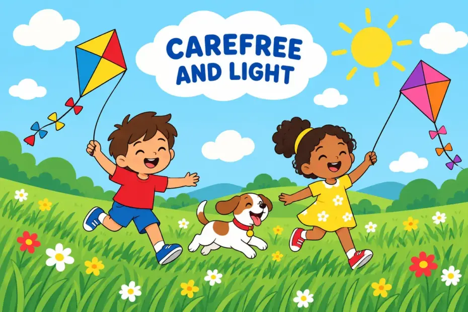 Cartoon children skip through a sunny meadow with kites, illustrating blithe in a sentence as a carefree, lighthearted manner.