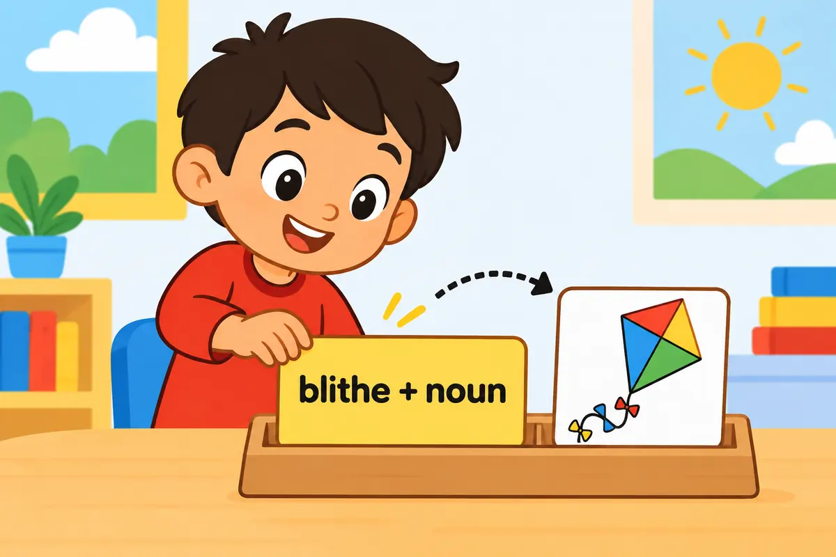A cartoon child adds a cheerful label card before a picture of a kite, showing blithe used before a noun.