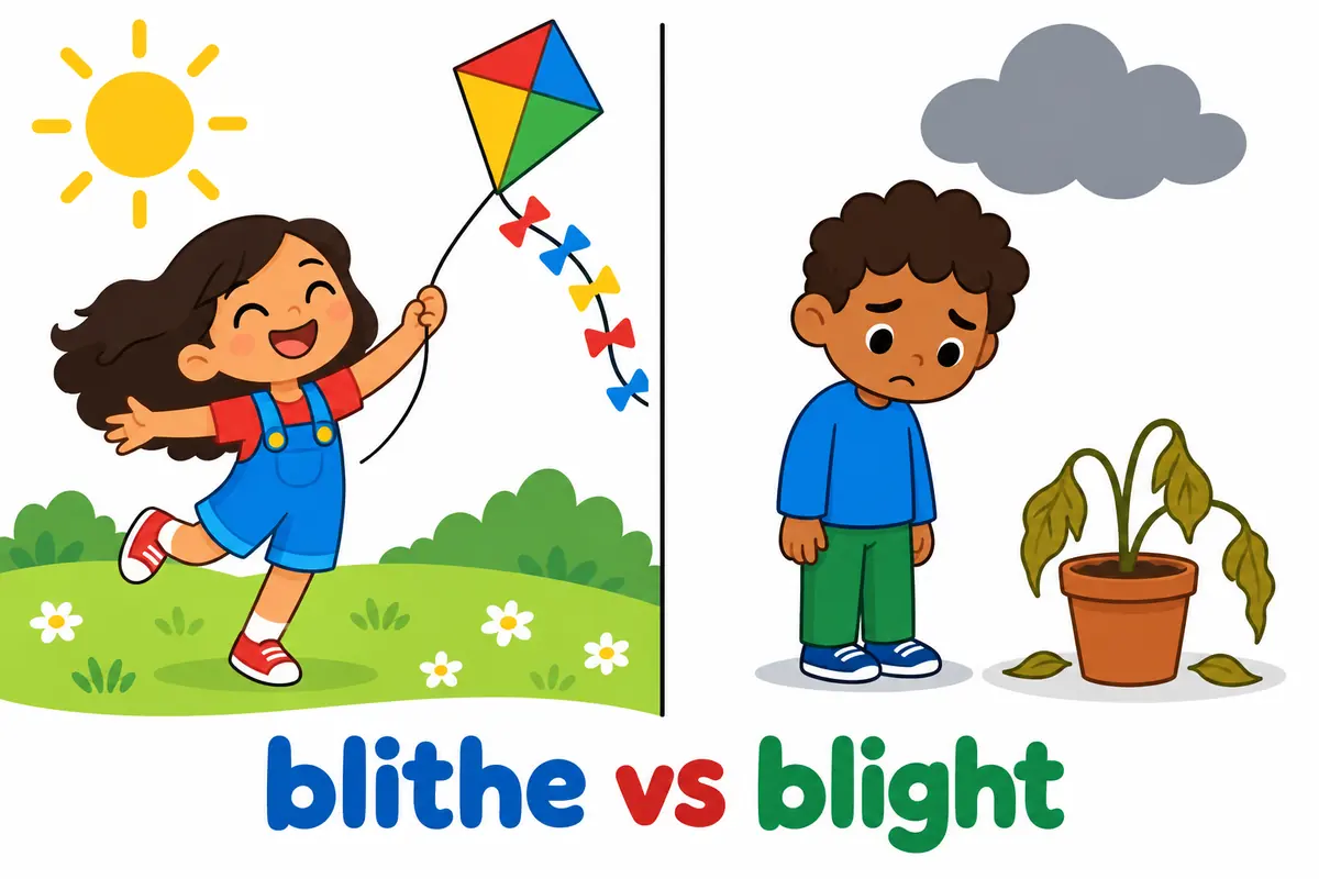 A cartoon split scene contrasts a skipping, cheerful child with a wilting plant beside a gloomy cloud.