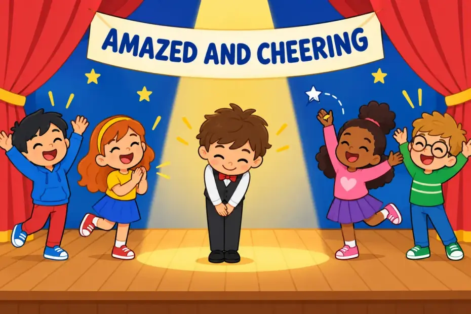 A cartoon performer bows as a small audience cheers with raised hands, showing blow away in a sentence as delighted amazement.