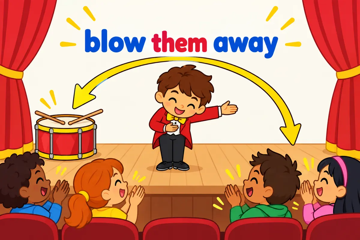 A cartoon crowd cheers as a performer bows, showing that the pronoun object sits between blow and away in the phrasal verb.