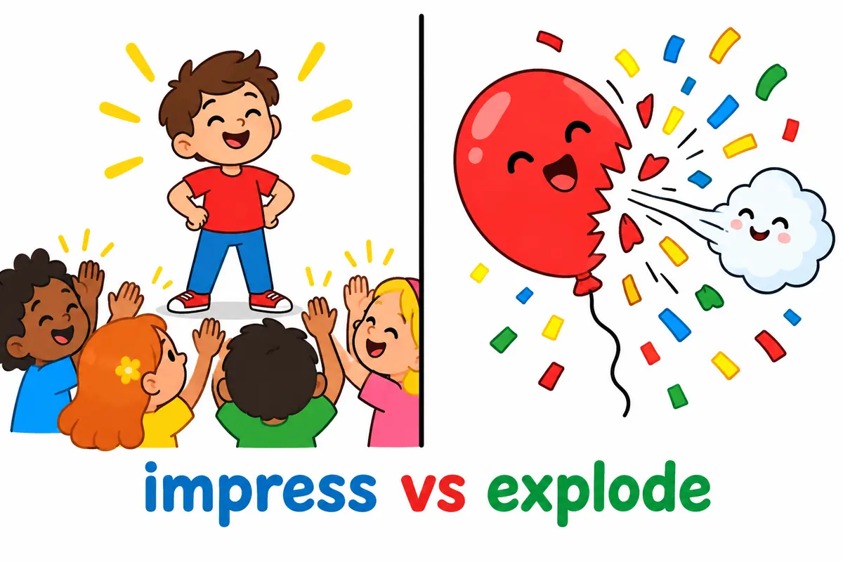 A cartoon split scene contrasts a cheering crowd on one side with a harmless burst balloon on the other, separating blow away from blow up.