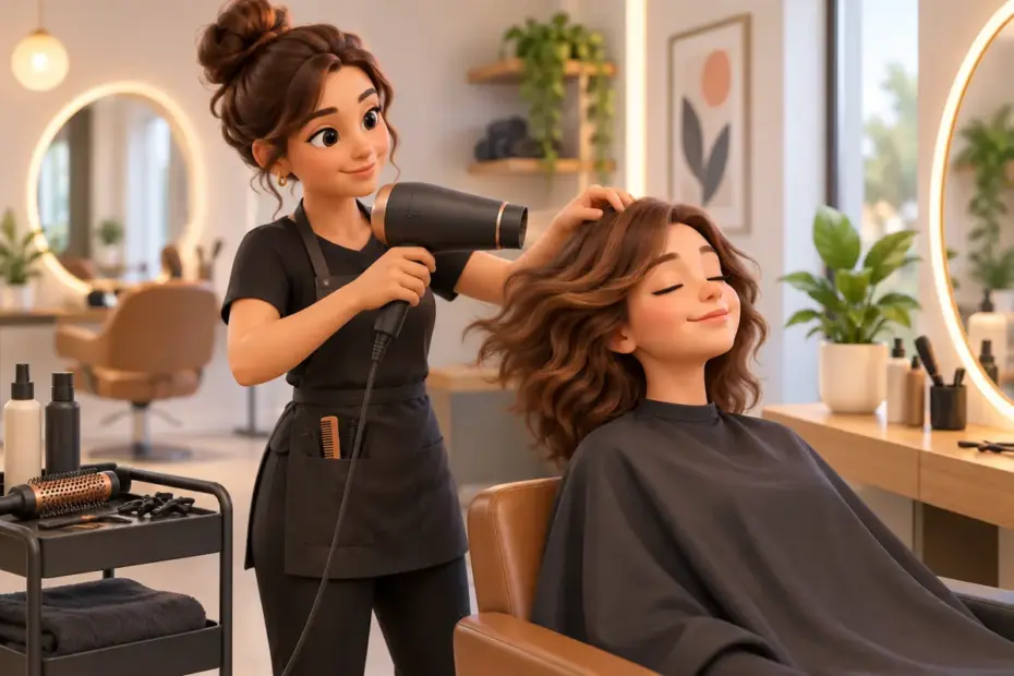 An adult dries hair in a tidy salon.